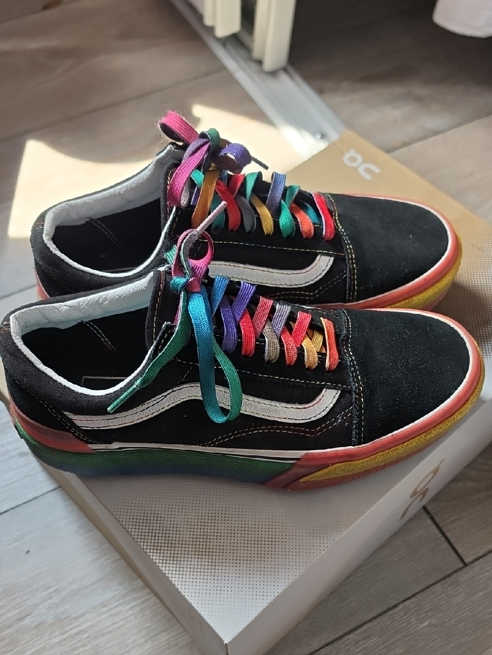 Vans Black Suede Low Top Classic Sneakers with Rainbow Laces and Multicolor Sole
